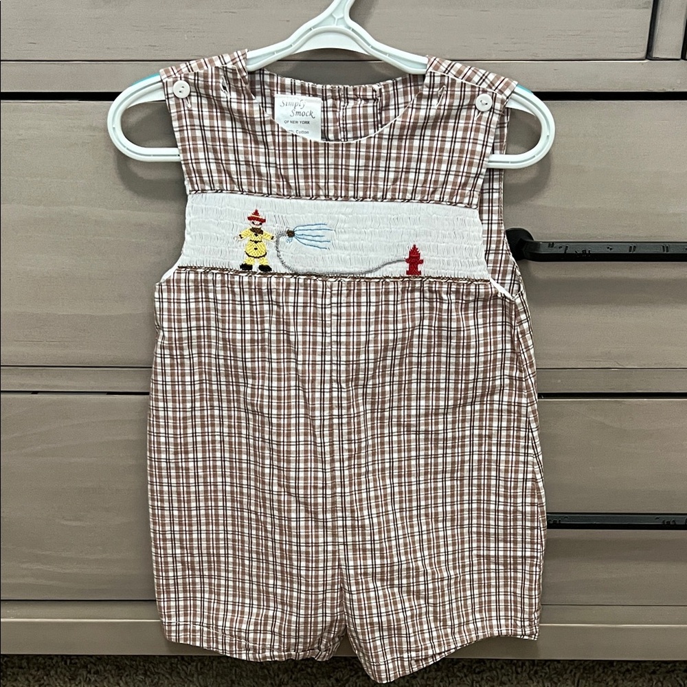 Simply Smock Brown Plaid Smocked Firefighter Romper